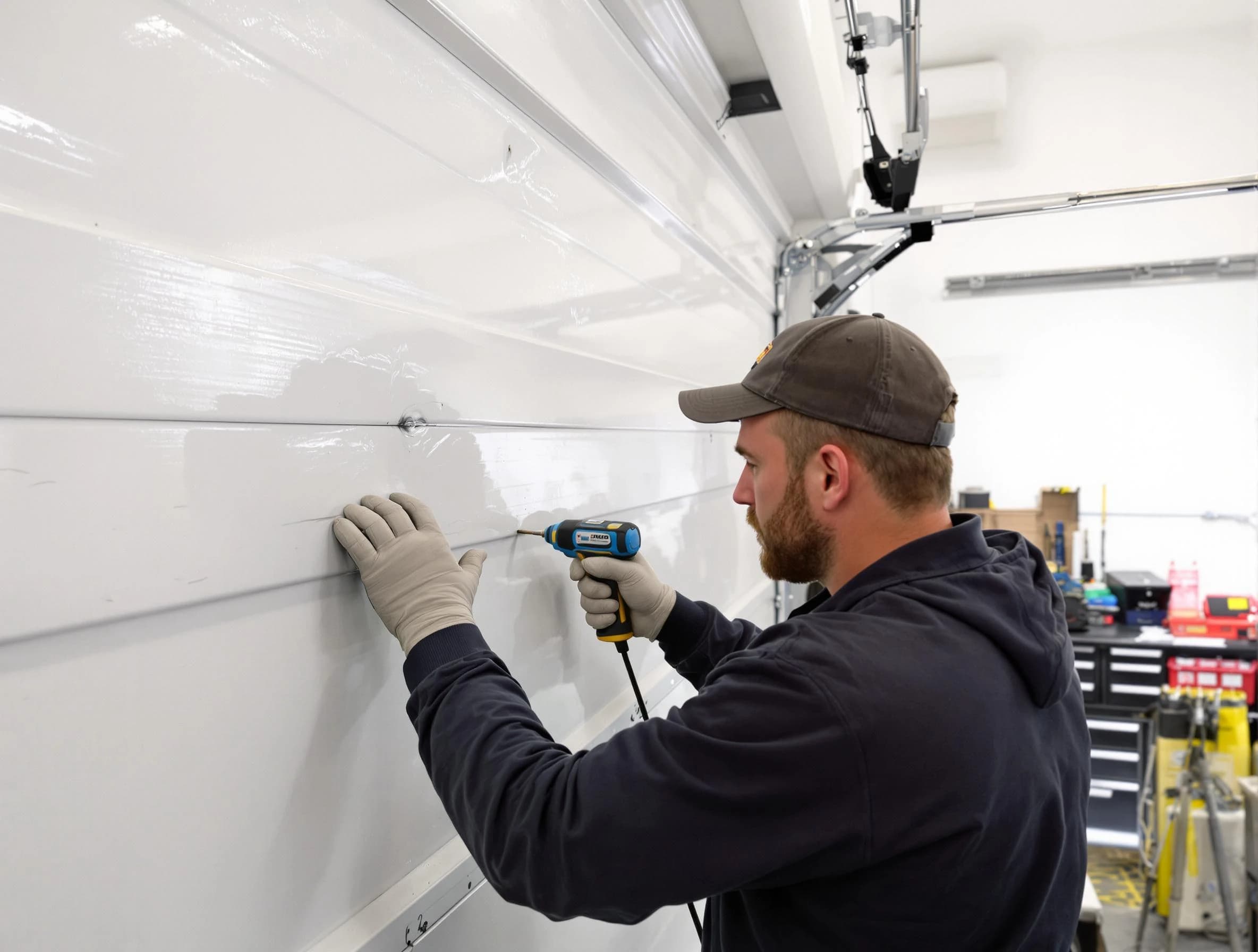 Bellwood Garage Door Repair technician demonstrating precision dent removal techniques on a Bellwood garage door