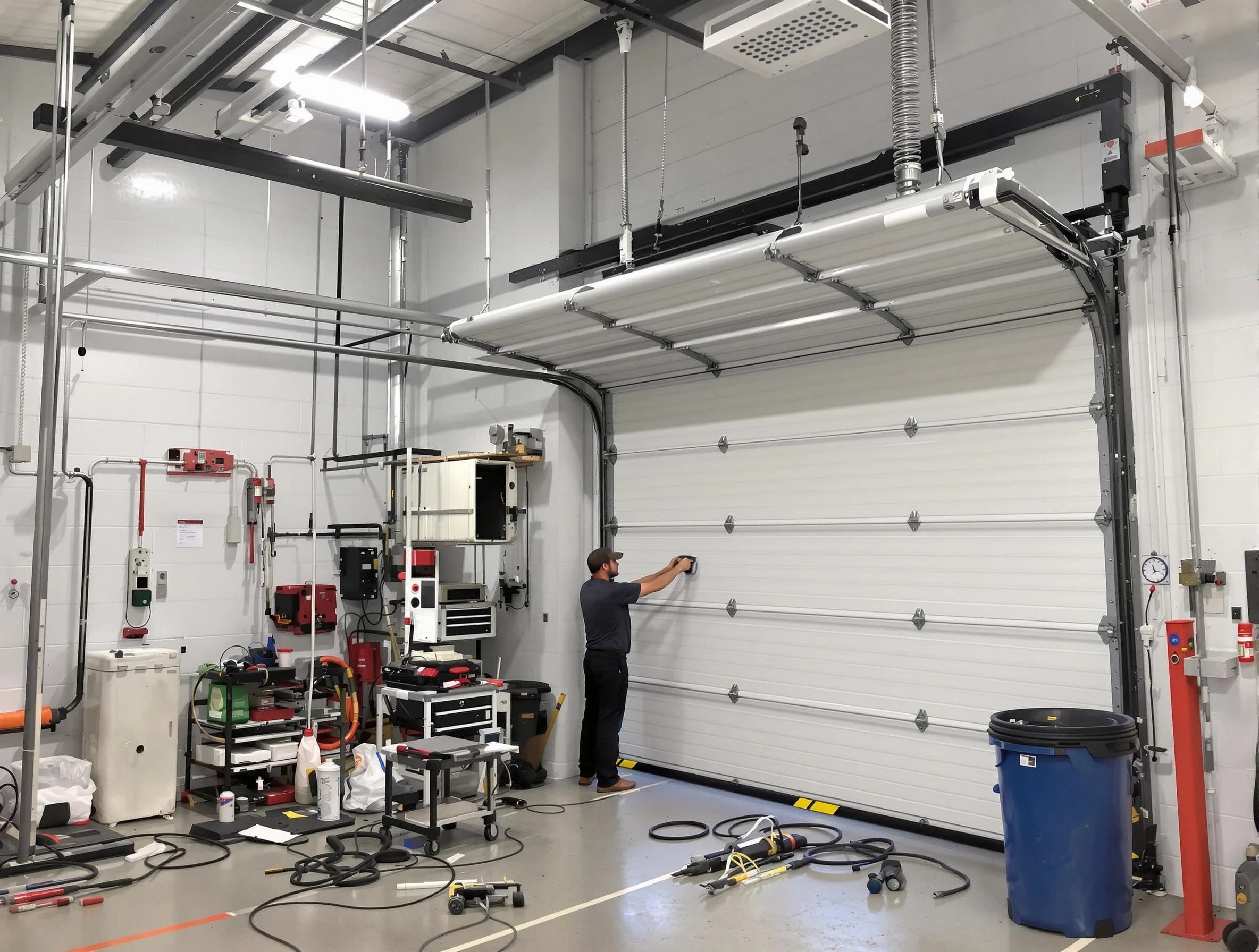 Bellwood Garage Door Repair certified technician performing commercial door repair at a Bellwood business facility